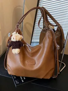 Borsa tote vintage in ecopelle marrone di grande capacità con ciondolo orsetto per donna