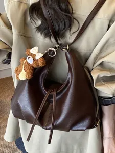 Brown large capacity multi-functional faux leather tote bag with cute teddy bear charm