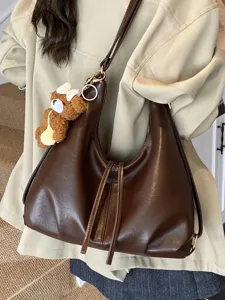 Large capacity brown faux leather hobo tote bag with cute plush bear charm