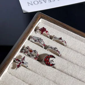 Nahaufnahme diverser Gothic-Punk-Ringe mit roter Emaille in einer Schmuckschatulle