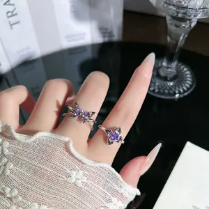 Detailansicht silberner Ringe mit lila Kristallen und Schmetterlingskette an den Fingern