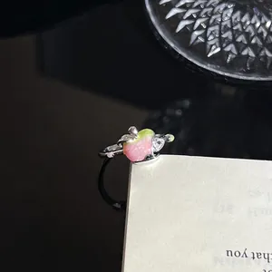 Gedetailleerde macro-opname van een zilveren ring met een roze emaille appelmotief.