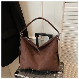 Bolso tote vintage de ante marrón para mujer, bolso de hombro de gran capacidad de viaje