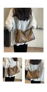 Viste multi-angolo dettagliate di una borsa a tracolla marrone vintage capiente da donna