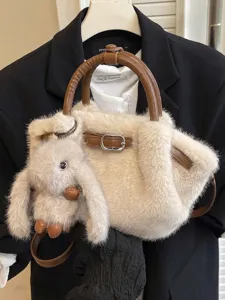 New 2025 Winter Plush Tote Bag For Women Large Capacity Faux Fur Shoulder Bag With Bunny Charm Casual Crossbody Handbag Fashion Handheld Bag