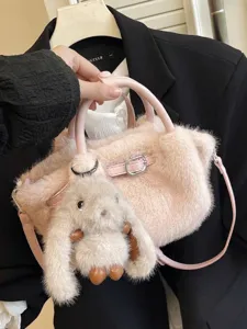 2025 New pink plush tote bag with a matching rabbit keychain for autumn and winter