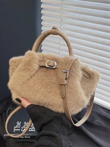 Elegant khaki faux fur tote bag with leather straps for autumn/winter 2025.