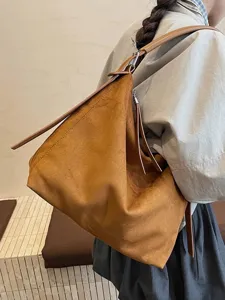 Bolso tote grande de ante marrón para mujer, bolso de hombro vintage y minimalista