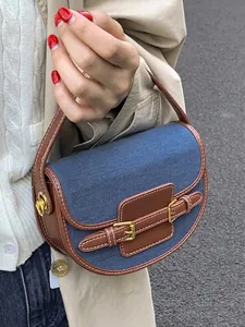Women Vintage Denim Patchwork Saddle Bag Fashion Contrast Stitching Small Crossbody Shoulder Bag With Adjustable Strap