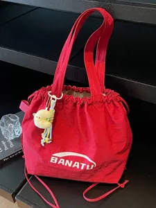 Large capacity red canvas tote bag with drawstring closure for commuting women