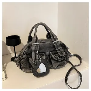 Vintage dark gray denim bowling bag with heart mirror pendant and silver hardware