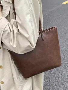 Large Capacity PU Leather Tote Bag For Women Minimalist Commuter Shoulder Bag High Quality Vintage Textured Solid Color Fashion Handbag