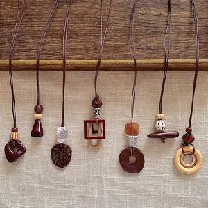 Women Geometric Wood Pendant Necklace Bohemian Brown Cord Long Sweater Chain Fashion Minimalist Jewelry Gift