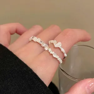 Elegant set of heart cat's eye stone stackable open rings with silver finish for women
