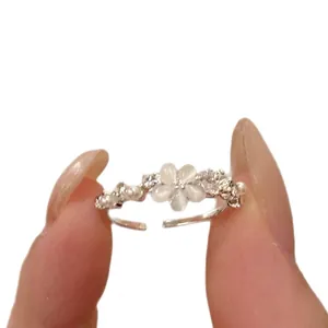Elegant flower adjustable ring with cat's eye stone and delicate pearl accents for women