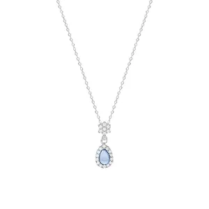 Elegant silver titanium steel necklace with a blue teardrop pendant and crystals