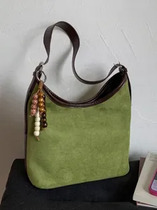 Vintage Suede PU Patchwork Bucket Bag For Women Large Capacity Shoulder Bag With Beaded Pendant Elegant Urban Minimalist Everyday Tote Handbag
