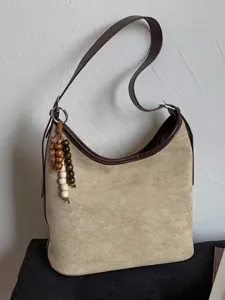 Vintage faux suede large capacity hobo shoulder bag with decorative beaded tassel charm