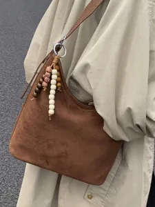 Retro large capacity brown suede shoulder hobo bag for women with bohemian bead charm