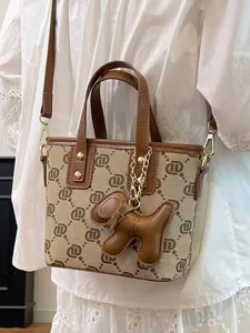 Women Retro Monogram Print Bucket Bag PU Fabric Stitching Top Handle Shoulder Crossbody Bag With Puppy Charm Elegant Handbag