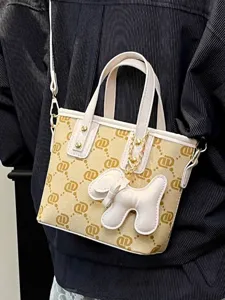 Stylish beige monogram small tote bag for women with white dog charm and strap