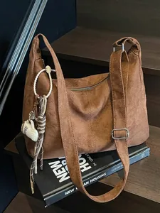 Retro Large Capacity Faux Suede Tote Bag Women Vintage Casual Shoulder Crossbody Bag With Coffee Cup Charm Relaxed Style Handbag