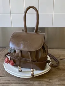 Fashion Women Mini PU Leather Backpack Korean Style Small Schoolbag Trendy Street Travel Drawstring Flap Bag With Cherry Pendant