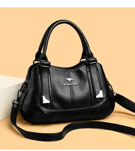 Elegant black soft leather handbag with triple pockets and branded kangaroo logo detail