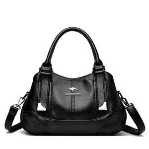 Elegant black soft leather handbag with three compartments and kangaroo logo design
