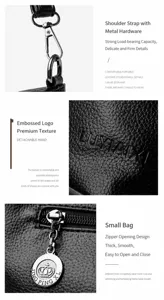 Close-up details of black leather bucket bag hardware, embossed logo and metal zipper