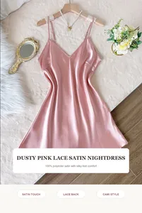Elegant dusty pink lace satin nightdress with silky feel and stylish cami strap design