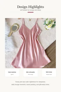 Close-up detail of dusty pink satin nightdress with cami neckline and smooth sheen