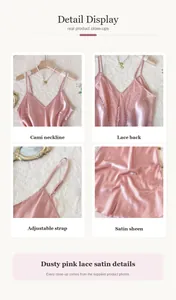 Dusty pink satin nightdress detail view with lace trim and adjustable straps shown