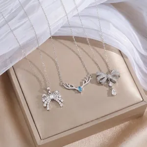 Fashion Stainless Steel Zirconia Pendant Necklace For Women Bowknot Antler Flower Rainbow Cloud Charming Jewelry Gift