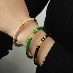 Retro Bambusknoten C-Förmiger Offener Armreif Für Damen Edelstahl Emaille Gestreiftes Armband Mode Personalisierter Schmuck Geschenk
