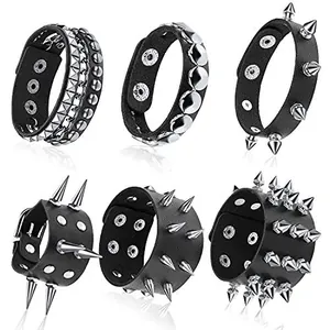 6-piece set of punk gothic studded black PU leather bracelets with spikes