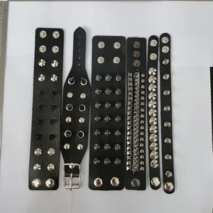 Detailed display of a 6-piece punk gothic PU leather bracelet set with silver rivets