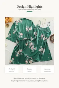 Detalle de conjunto de bata y camisón de satén verde con estampado floral y diseño elegante.