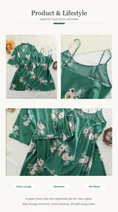 Vista detallada del conjunto de bata y camisón de satén verde con estampado de flores.