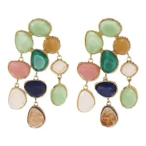 Ethnic style colorful resin tassel earrings with gold-tone metal frames for women