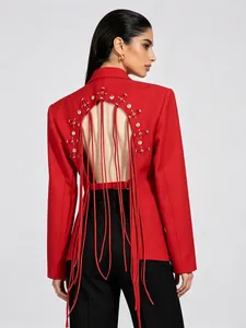 Women Backless Hollow Out Blazer Jacket Rhinestone Tassel Double Breasted Sexy Party Peaked Lapel Solid Color Outerwear