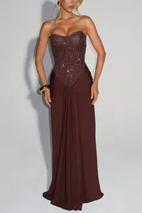 Elegant dark brown strapless sequined maxi dress with high-waisted wrap detail