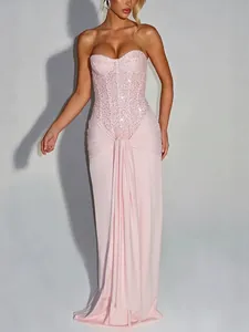 Elegant pink strapless evening dress with sequined bodice and draped high waist design