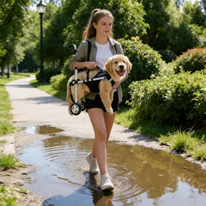 Verstellbarer Hunderollstuhl für behinderte Hunde in einer sonnigen Rehabilitationsszene im Freien