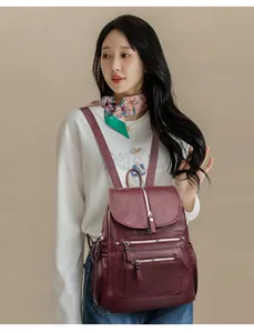 Sac à dos vintage en cuir souple bordeaux pour femme, grande capacité pour les trajets quotidiens