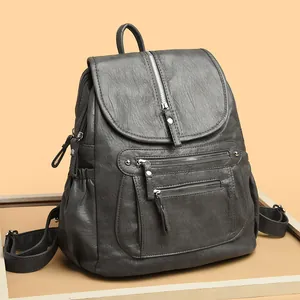 Sac à Dos Vintage pour Femmes Cuir PU Souple Grande Capacité Multi-poches Trajets Scolaires Sac d'École Mode Rétro Sac à Dos de Voyage Quotidien