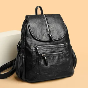 Sac à dos vintage en cuir souple noir pour femme avec grande capacité et multi-poches