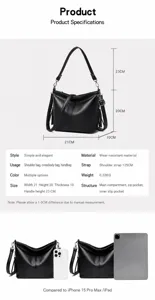 Technical specifications and size comparison for the large black tassel bucket bag.