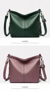 Detailed view of green and purple tassel bucket bags with textured leather finish.