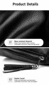 Macro detail of black leather bag featuring durable texture and stylish tassel ornament